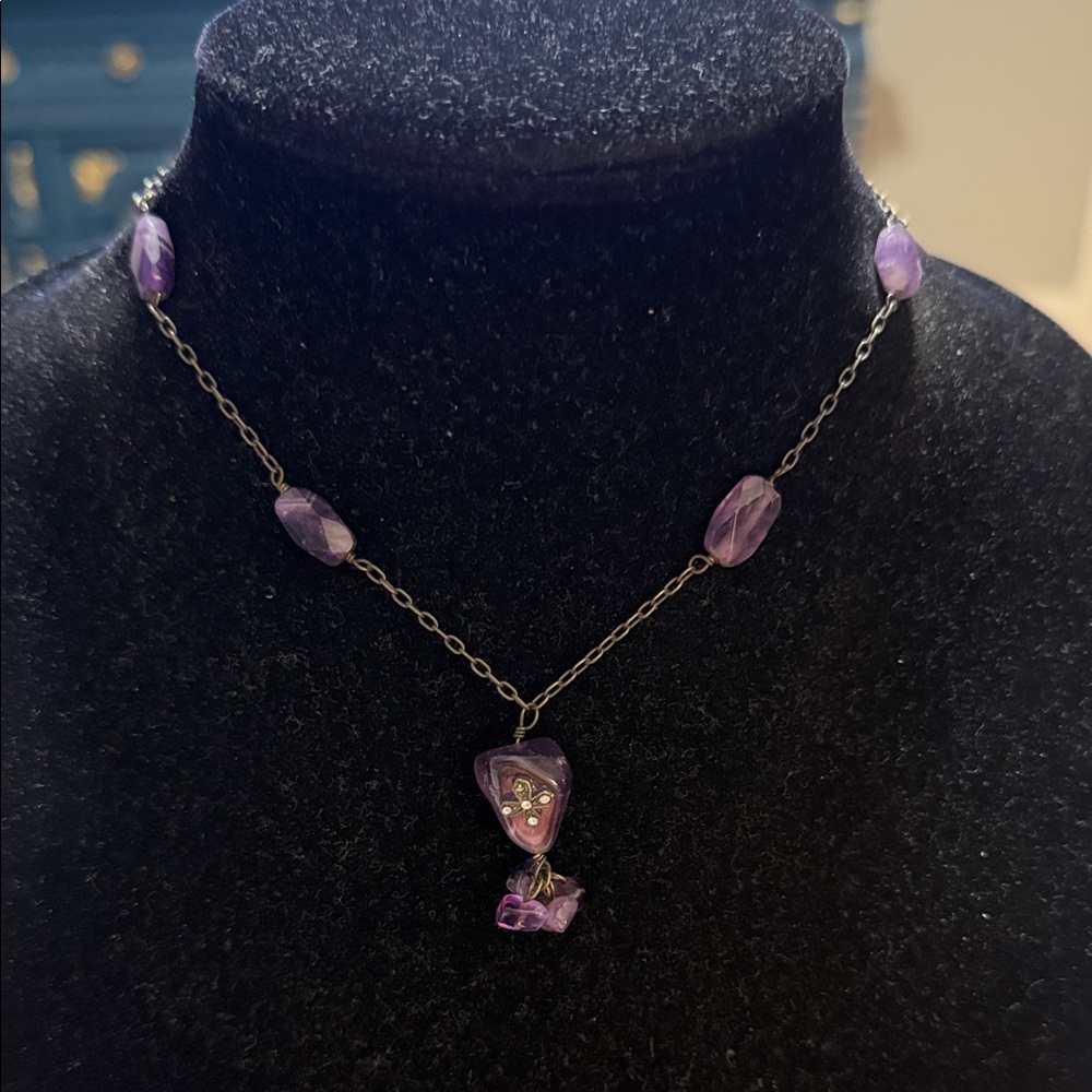 Vintage Silver Tone Purple Beaded Cluster Tassel Pendant Statement Necklace